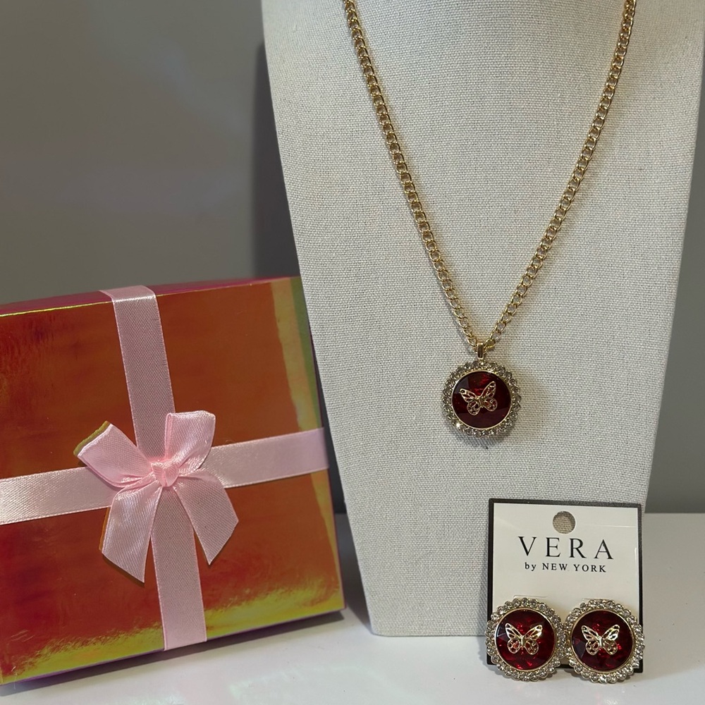 Gold and Red Necklace with Circular Pendant